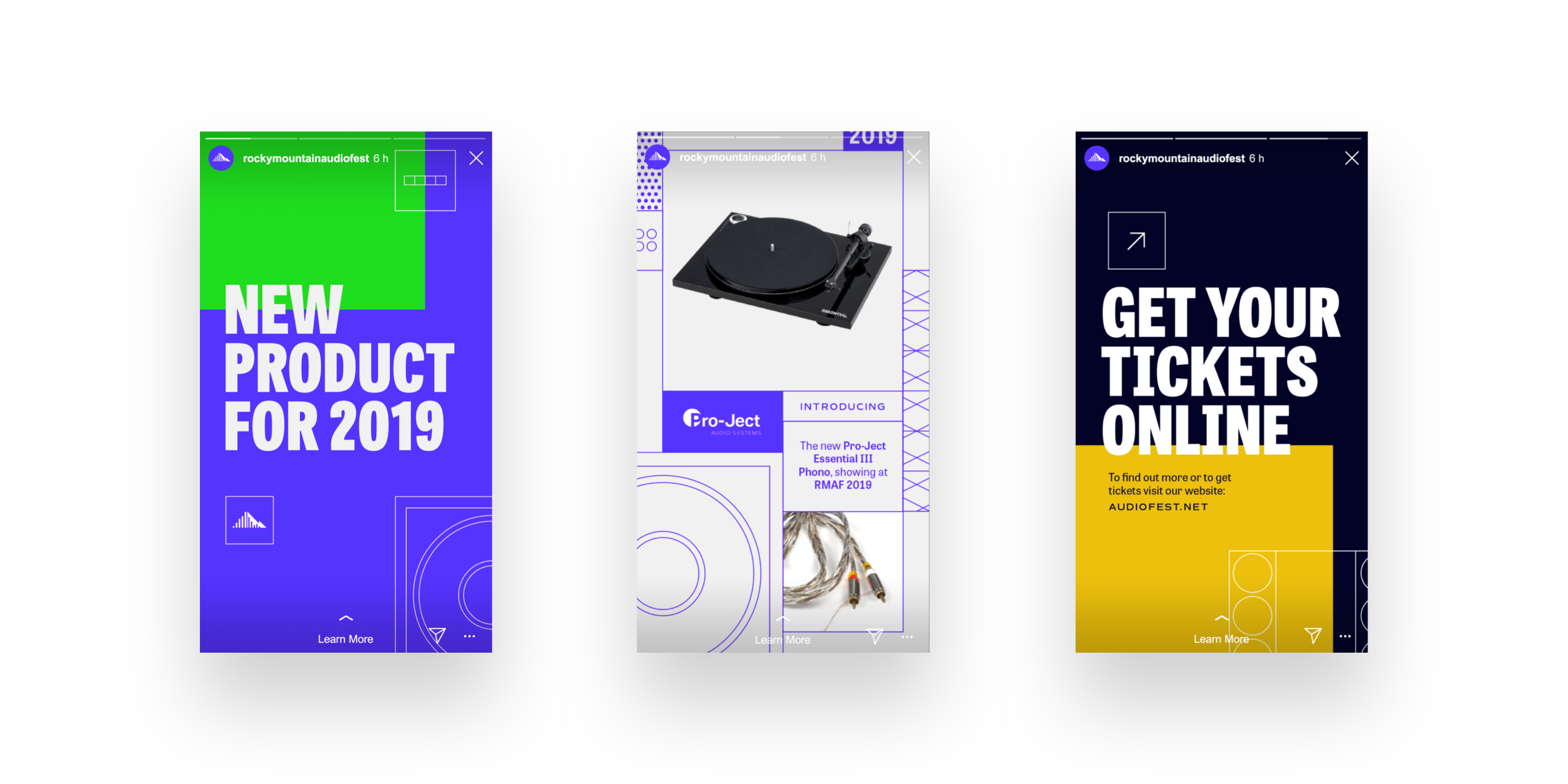 Three mobile screens "New Product for 2019", "Introducing the new pro-ject Essential III Phone showing at RMAF 2019" and "Get your tickets online, to find our more or to get tickets visit our website Audiofest.net"