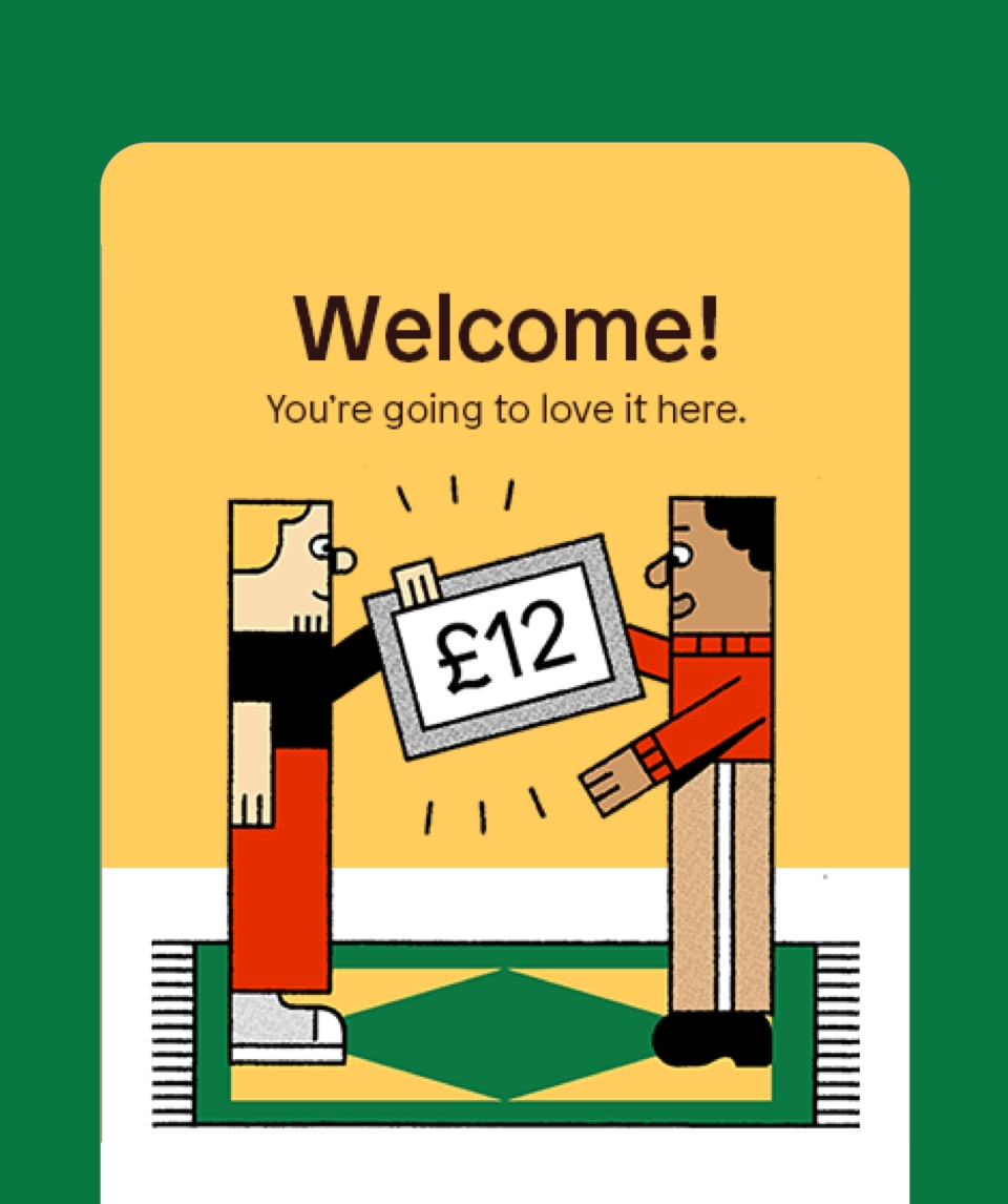 A mobile phone style screen depicts the Beer52 “Welcome” page on a racing green background